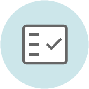 Checklist icon with three horizontal lines on the left and a checkmark on the right, displayed on a light blue circular background.