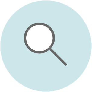 Magnifying glass icon with dark gray outline on light blue circular background.