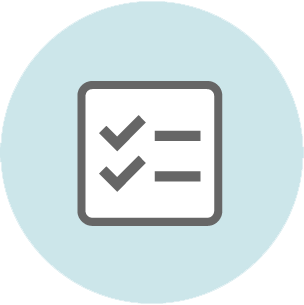 Checklist icon with two checked items and blank lines on a light blue circular background.