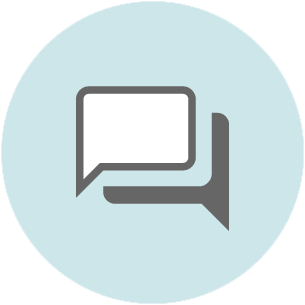 Two overlapping speech bubbles in gray on a light blue circular background