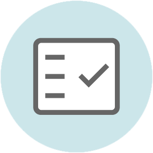 Checklist icon with three items and a checkmark on a light blue circular background.