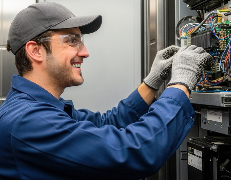 Technician in blue uniform and safety glasses working on elevator control panel wiring and components.