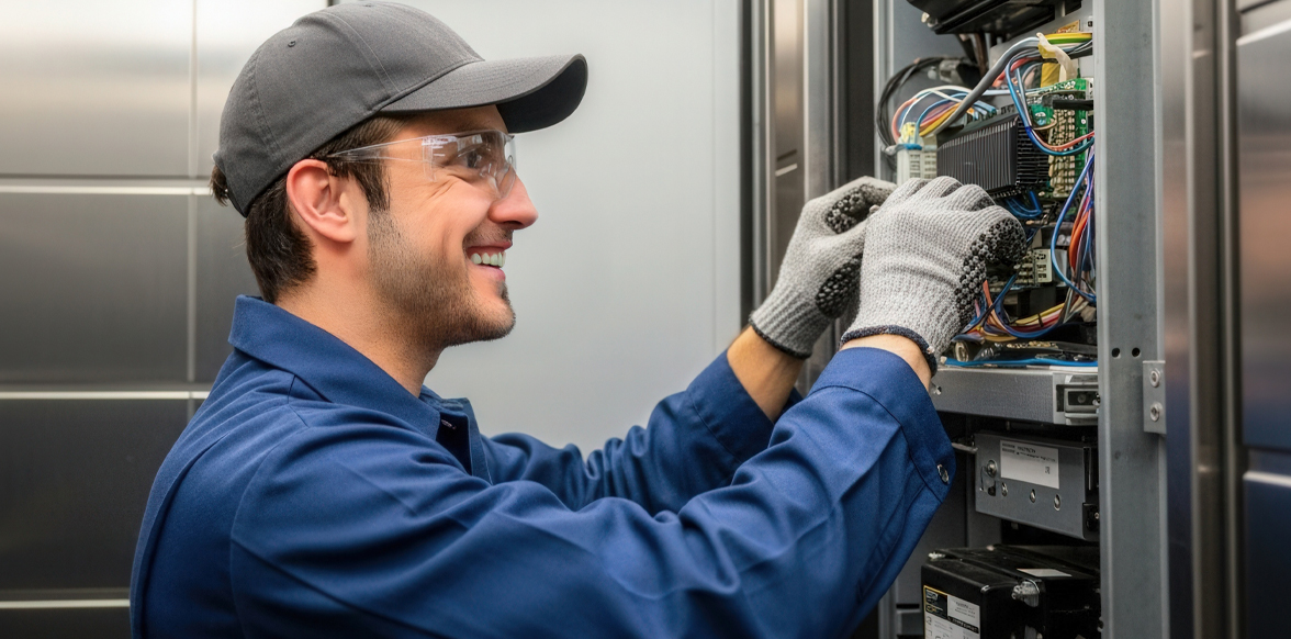 Technician in blue uniform and safety glasses wearing work gloves while servicing electrical components inside an elevator panel.