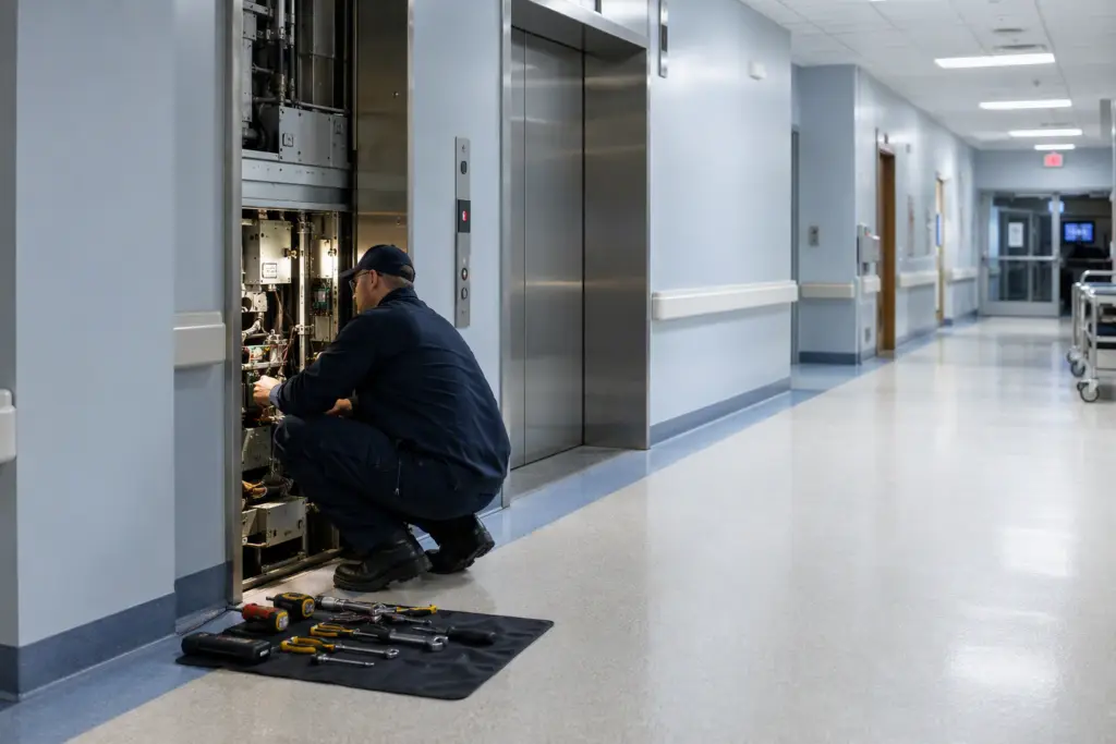 Elevator technician performing 24 hour elevator repair service in a Columbia SC hospital corridor at night with access panel open