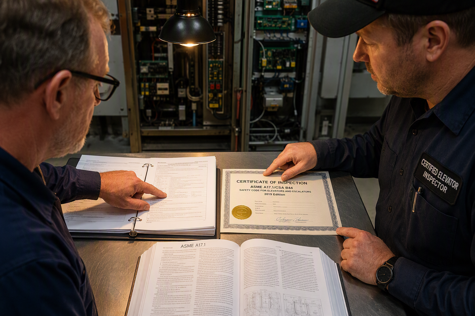 Facility manager and elevator inspector reviewing ASME A17.1 compliance documentation in a hospital elevator machine room in Columbia SC