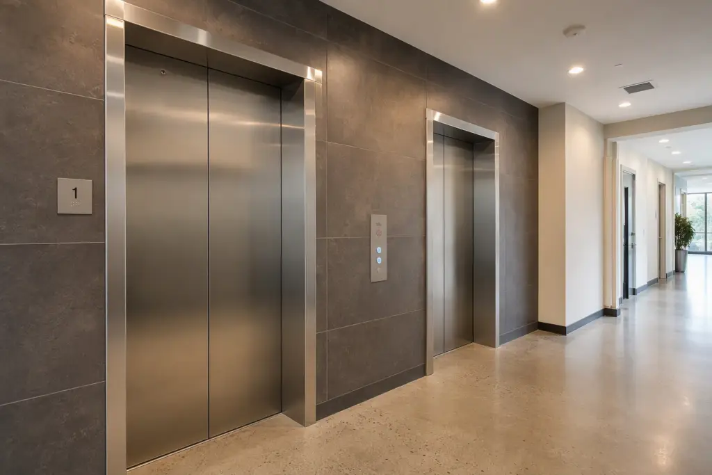 ADA-compliant elevator lobby in a Columbia SC commercial office building showing braille signage, call buttons, and 36-inch clear door openings meeting ADA elevator requirements.