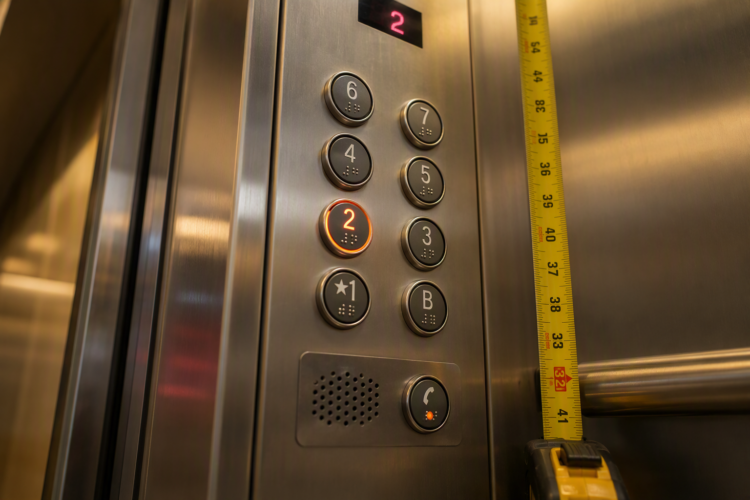 Interior elevator car control panel with ADA-required braille buttons, raised numerals, and emergency communication device grouped at compliant heights per ADA Standards for Accessible Design.