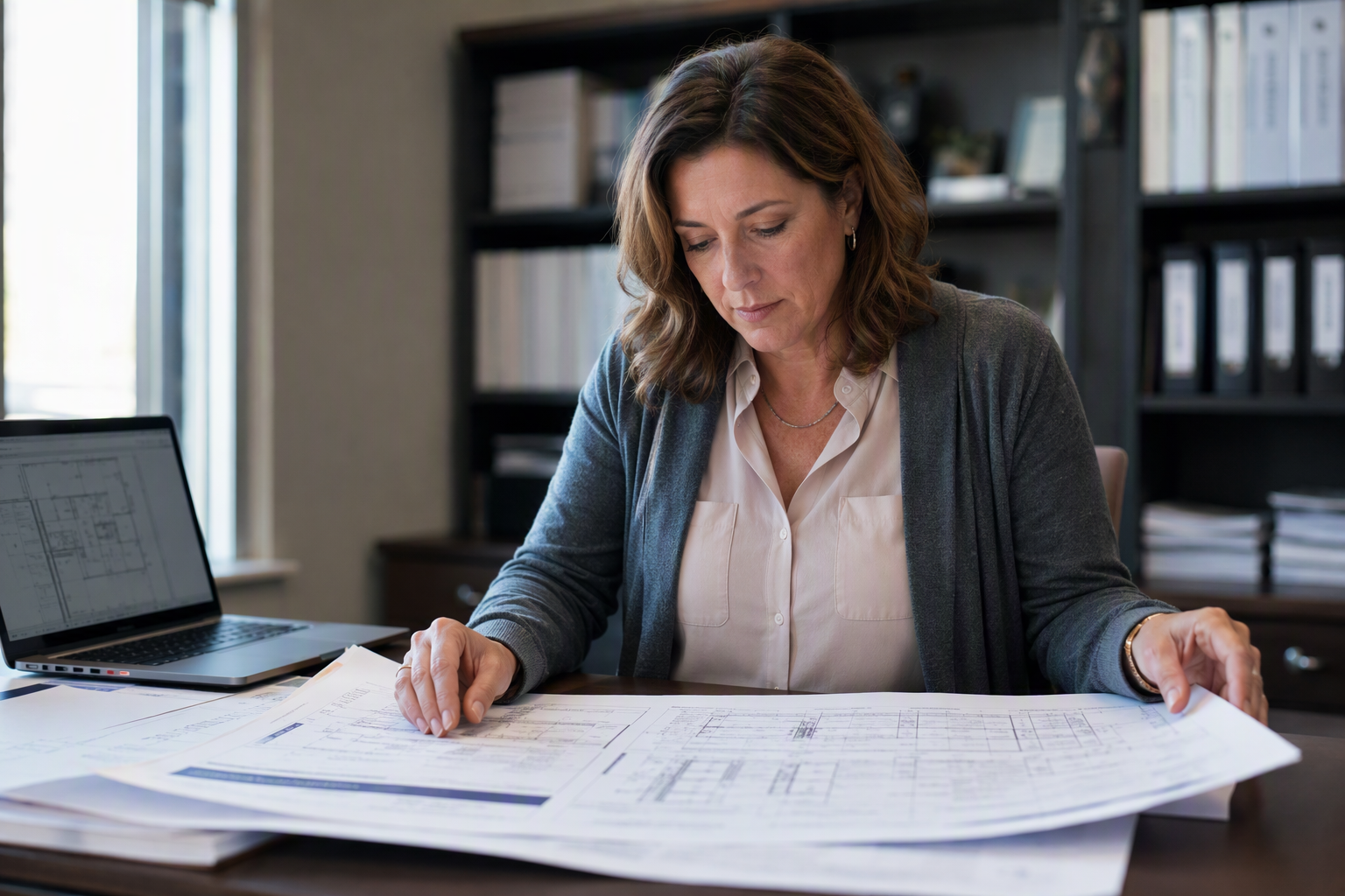 Building manager reviewing ADA elevator compliance documentation and inspection reports at a desk, representing the process of auditing elevator requirements for existing commercial buildings.