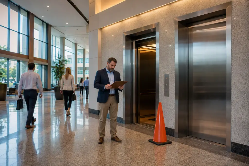Property manager reviewing paperwork beside an out-of-service elevator in a Columbia SC commercial office building lobby, illustrating elevator downtime cost impact.
