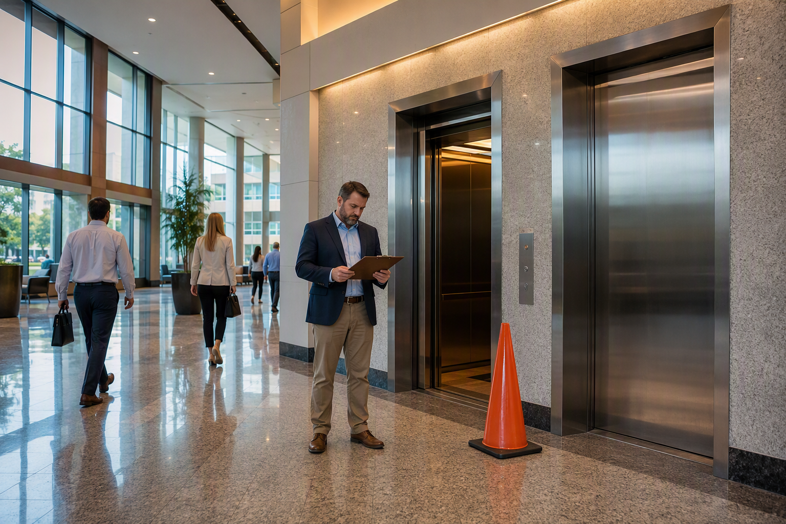 Property manager reviewing paperwork beside an out-of-service elevator in a Columbia SC commercial office building lobby, illustrating elevator downtime cost impact.