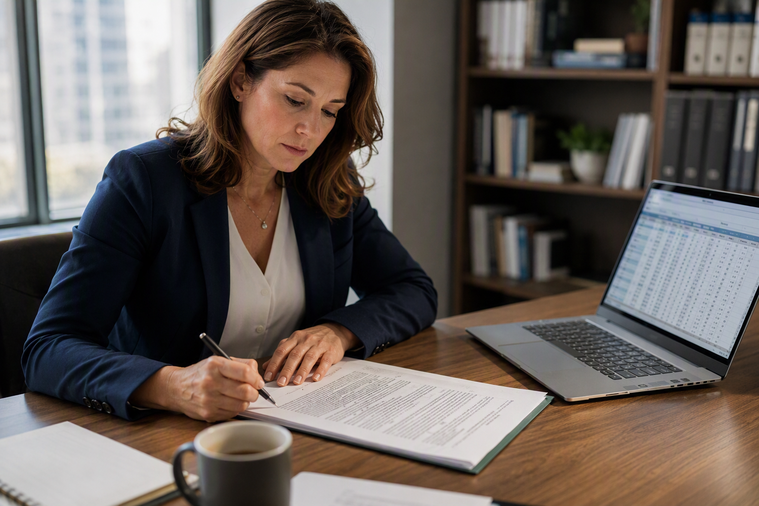 Facilities director reviewing an elevator preventive maintenance contract and cost comparison spreadsheet, evaluating affordable options for managing elevator downtime expenses.