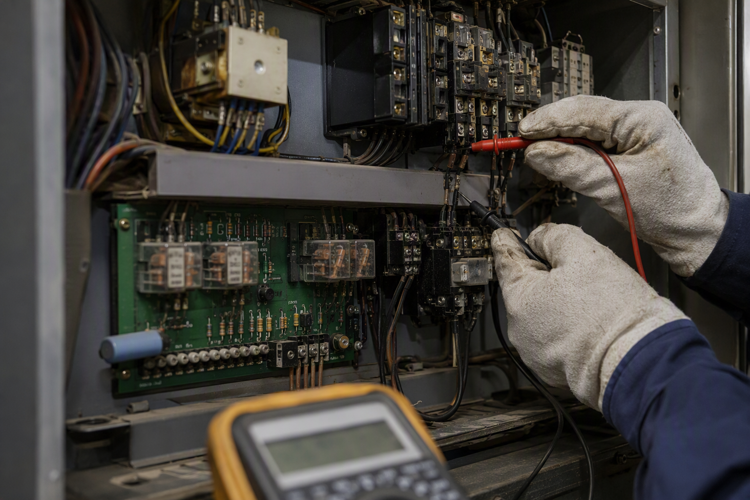 Elevator technician using a multimeter to diagnose control cabinet components in a machine room, a key step in identifying causes of elevator downtime and repair costs.