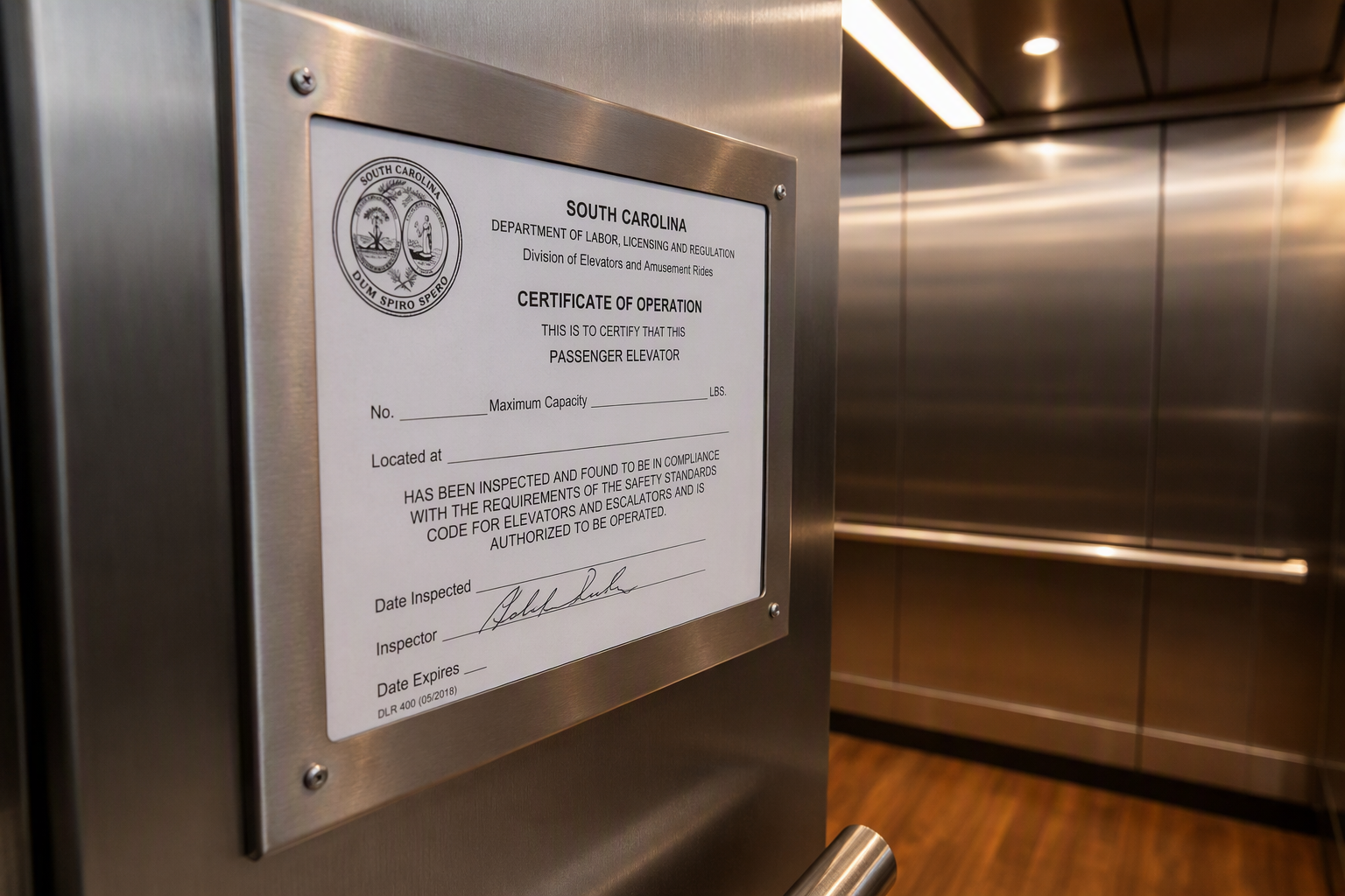 South Carolina elevator inspection certificate displayed inside a commercial elevator cab, showing annual compliance requirements for Columbia SC property owners