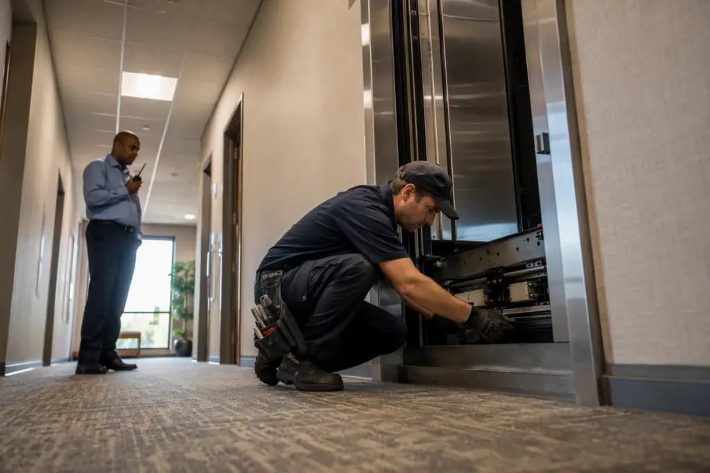 Elevator technician responding to a stalled elevator breakdown on a mid-floor landing of a Columbia SC office building during immediate emergency response