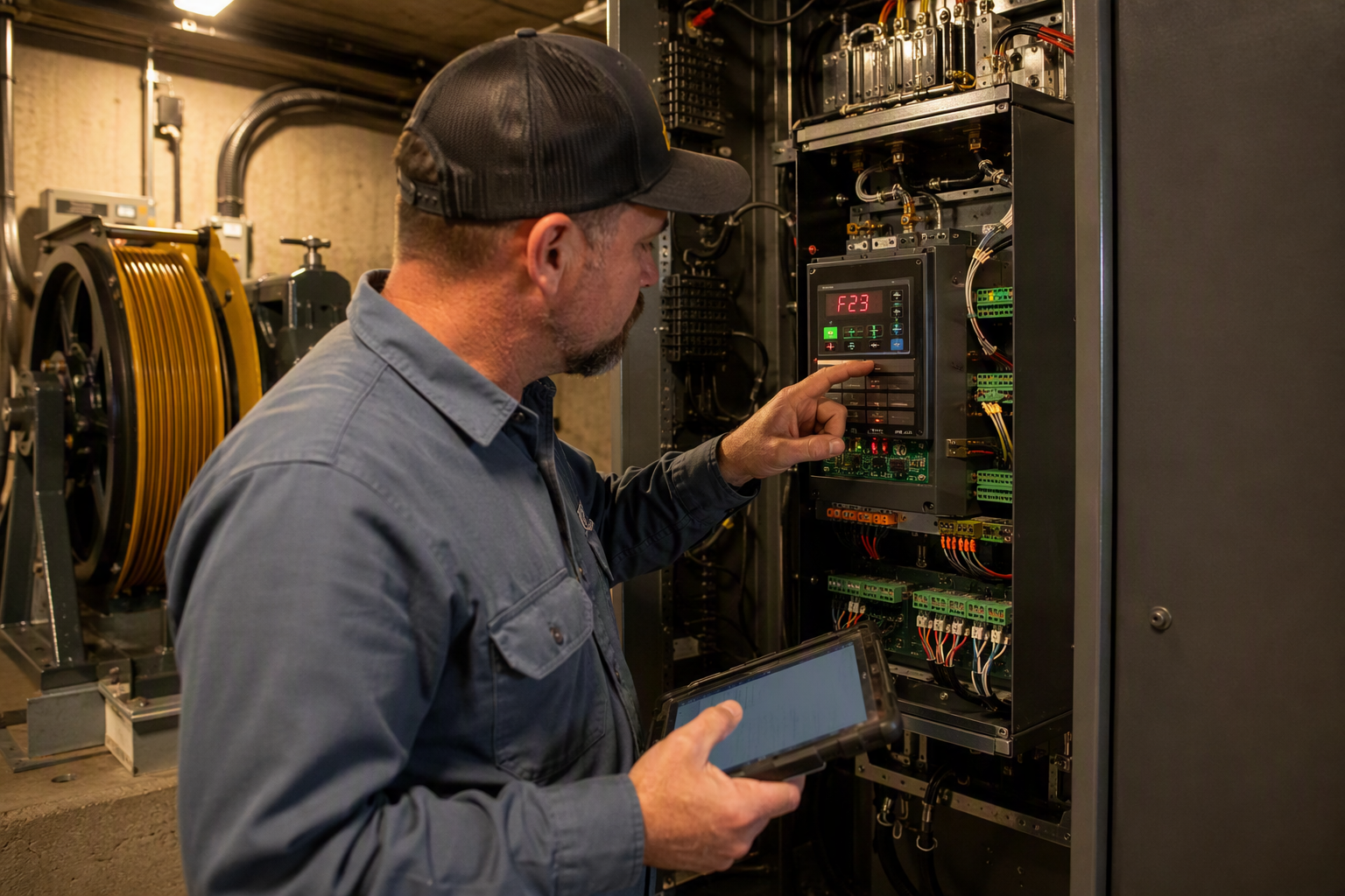 Elevator technician diagnosing a fault code on a traction drive controller in a machine room during an emergency breakdown service call
