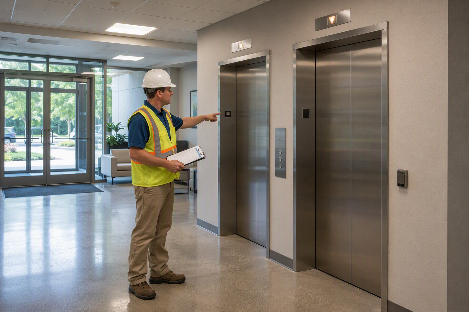 Elevator code compliance inspector reviewing violations on a clipboard in a Columbia SC commercial office building lobby beside stainless-steel elevator doors