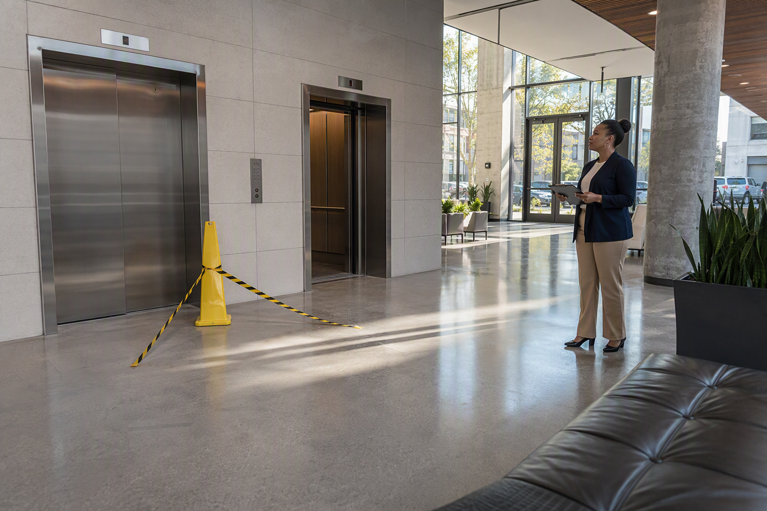 Out-of-service elevator in a Columbia SC office building lobby illustrates the operational and financial impact of elevator downtime costs for building owners.