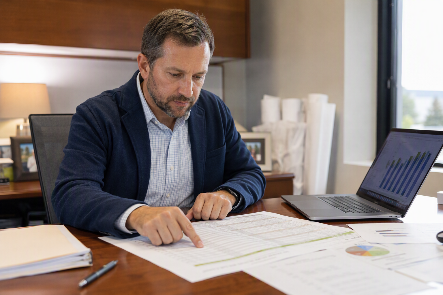 Building manager reviewing elevator downtime cost report and repair expense data, representing the financial burden of unplanned elevator outages on property budgets.