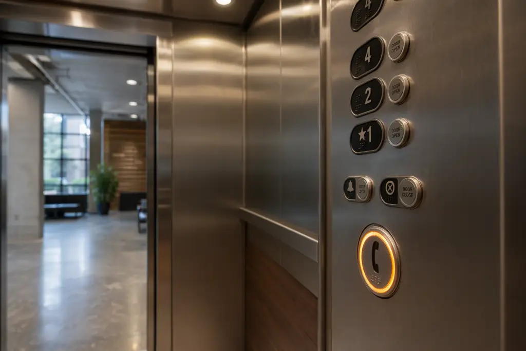 ADA-compliant elevator emergency phone button on a stainless-steel control panel inside a Columbia SC commercial building elevator cab