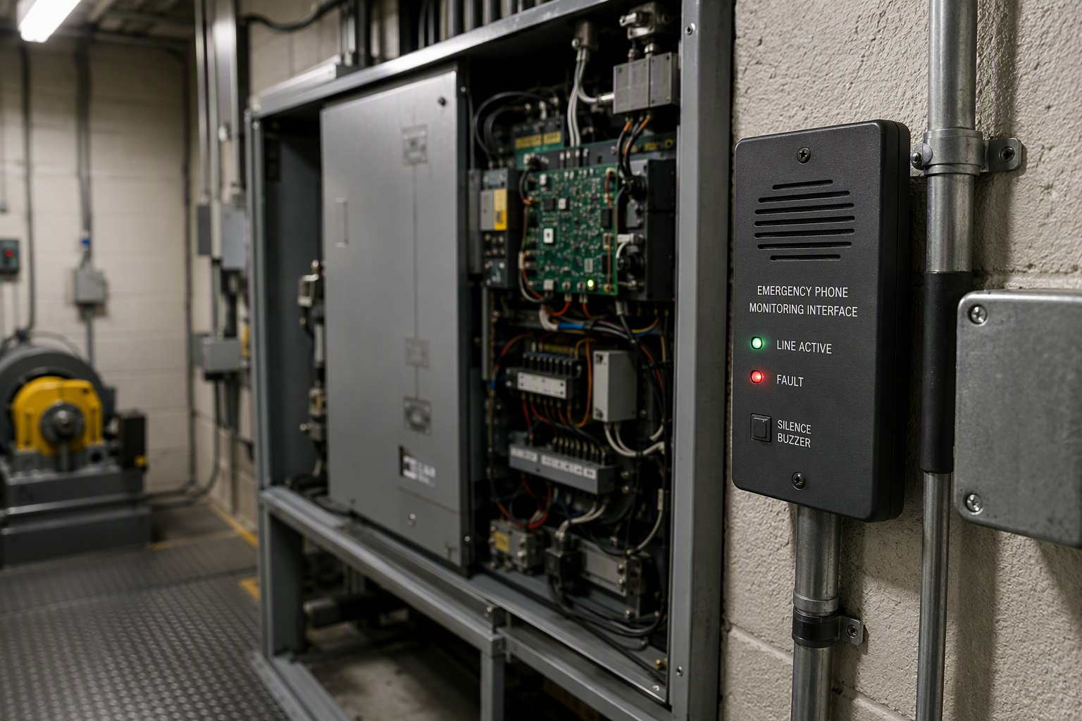 Elevator emergency phone monitoring interface and controller in a commercial building machine room showing ASME A17.1 code-compliant communication equipment