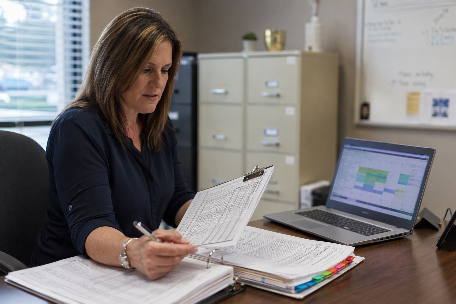 Building manager reviewing elevator emergency phone compliance and testing log documentation required by South Carolina LLR elevator safety regulations