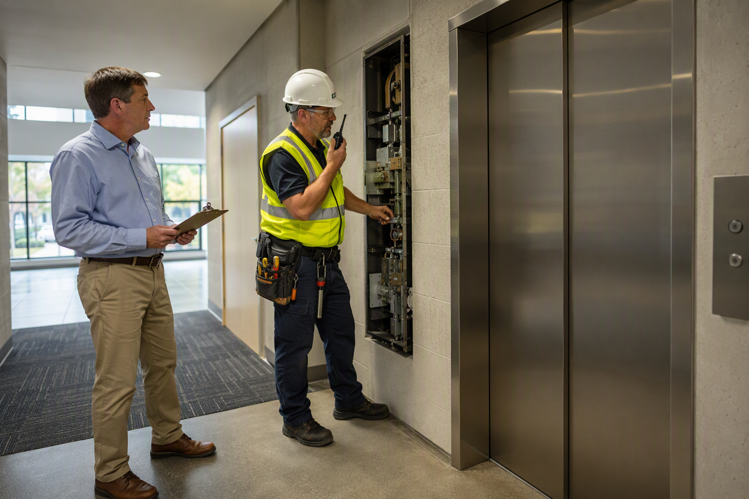 Certified elevator technician initiating an elevator entrapment rescue procedure at a Columbia SC commercial building, communicating with trapped passengers via radio.