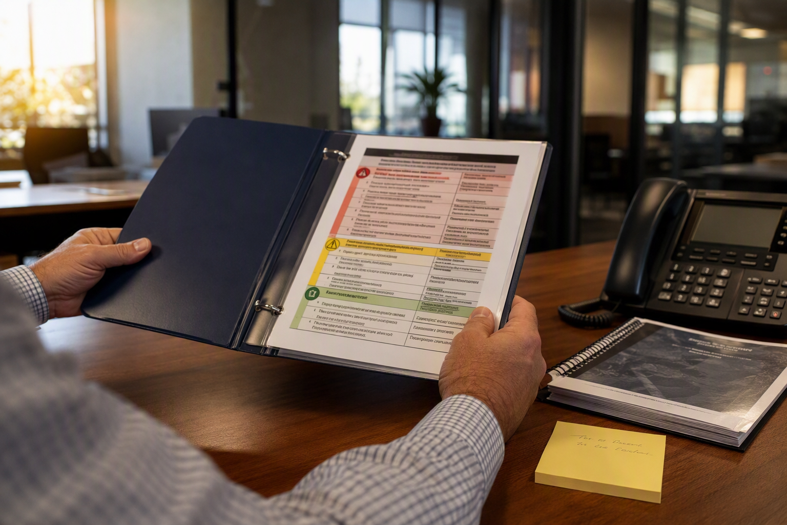 Building manager reviewing elevator entrapment rescue procedure checklist and ASME A17.1 compliance binder to prepare staff for an elevator emergency in Columbia SC.