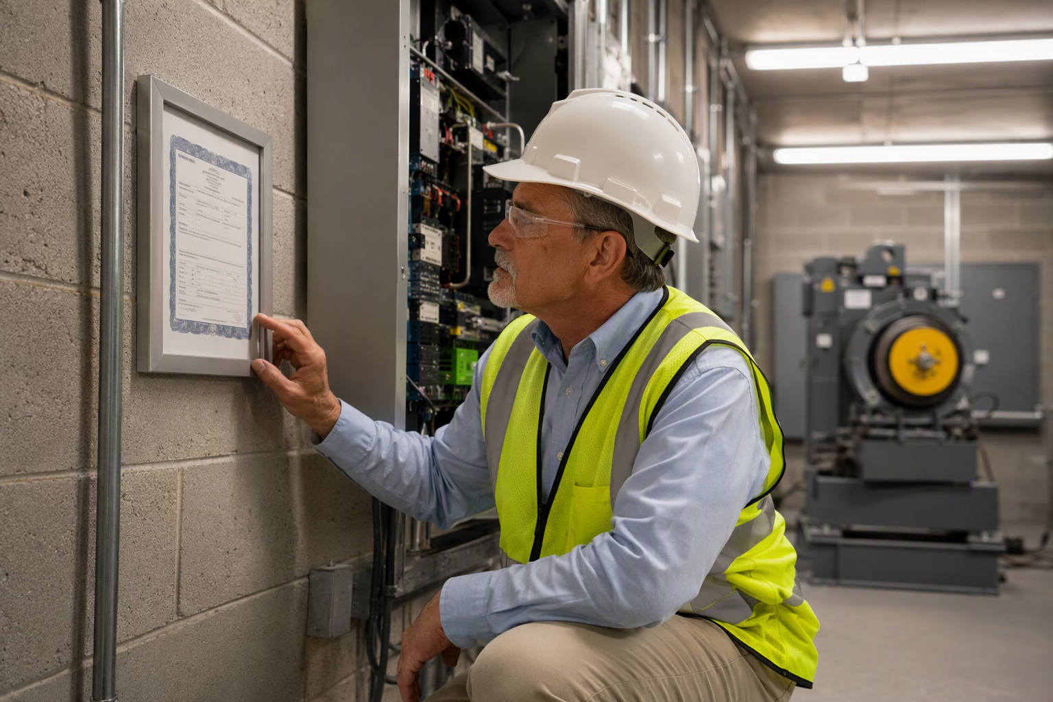 ASME A17.1 Inspection Certificate Review Licensed elevator inspector examining an ASME A17.1 inspection certificate and controller panel in a commercial building machine room for 2025 code compliance