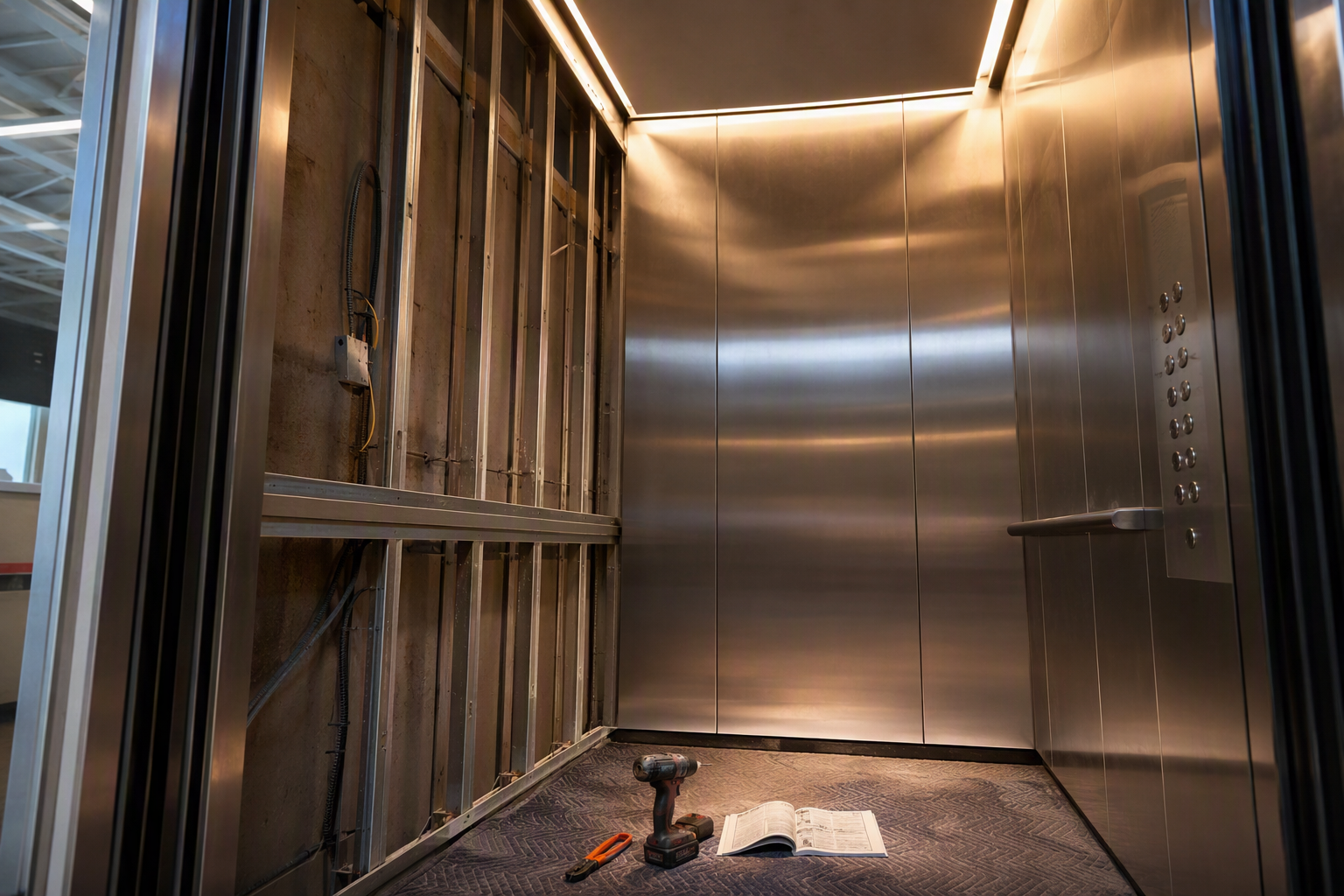Elevator Cab Modernization in Progress Elevator cab mid-modernization showing new brushed-stainless panels, LED lighting, and updated control fixtures alongside unfinished steel structure, reflecting 2025 elevator upgrade trends