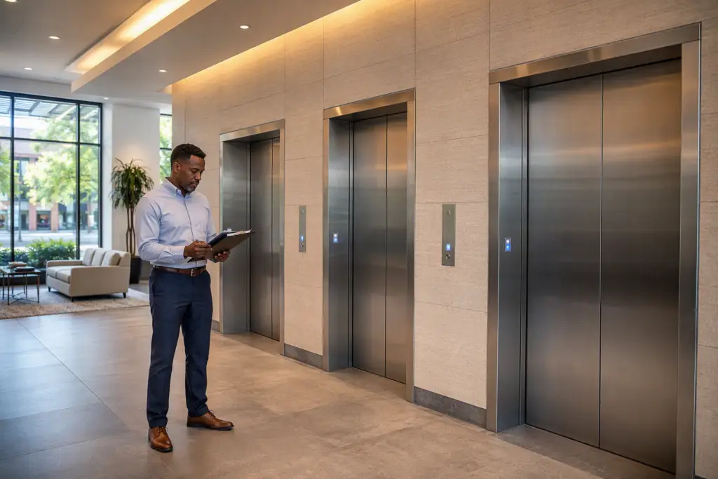 Building manager reviewing elevator inspection requirements documents in a Columbia SC commercial office lobby with three stainless-steel elevator doors