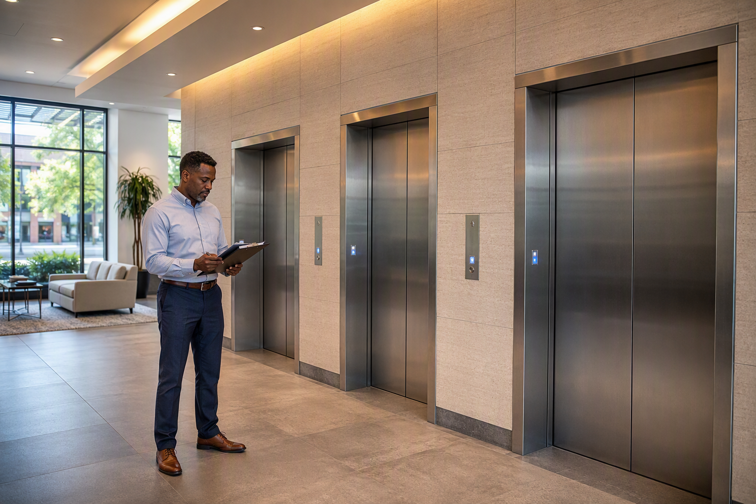 Building manager reviewing elevator inspection requirements documents in a Columbia SC commercial office lobby with three stainless-steel elevator doors