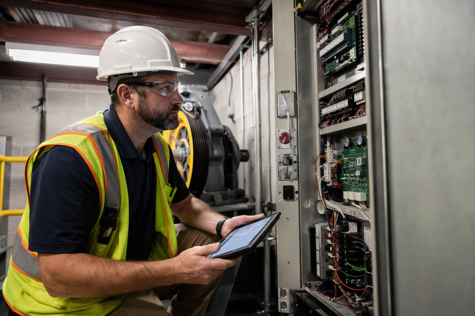 QEI-certified elevator inspector examining machine room controller in a South Carolina commercial building during a required periodic safety inspection