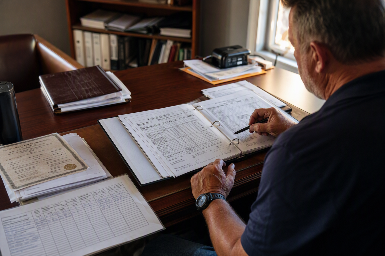 Facilities director reviewing South Carolina elevator inspection certificates and compliance records at office desk to meet SC LLR regulatory requirements