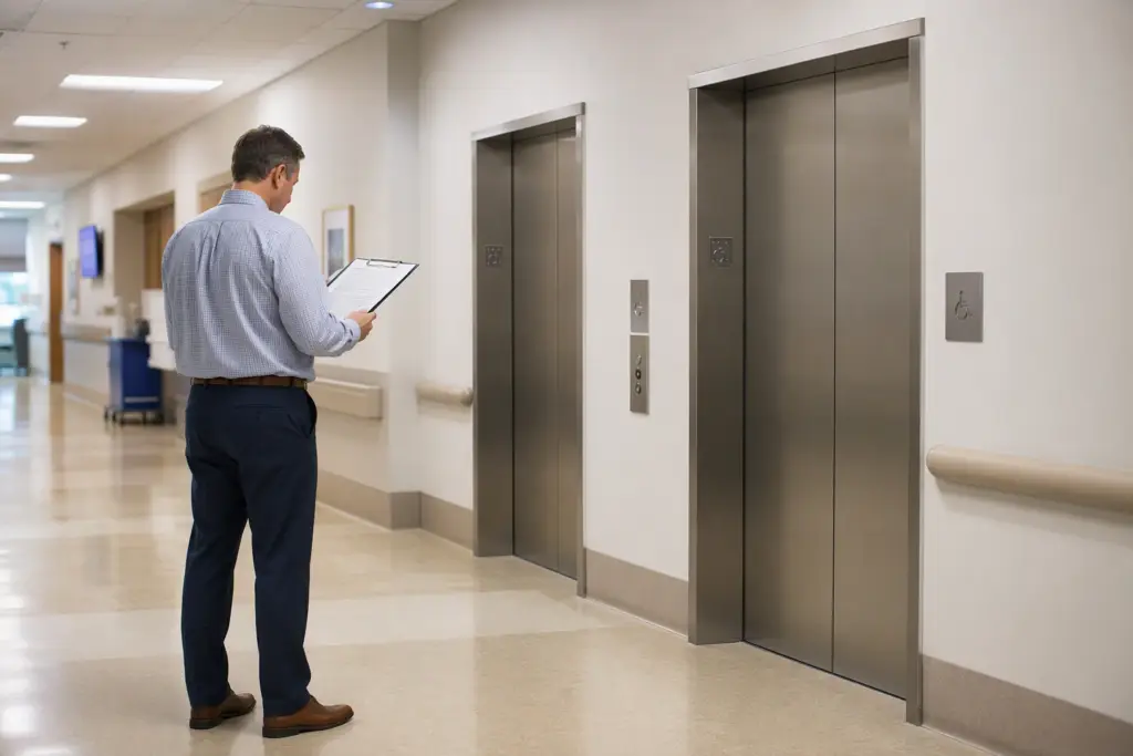 Hospital facility manager reviewing elevator maintenance contract pricing documents beside stainless-steel elevator doors in a Columbia SC healthcare facility