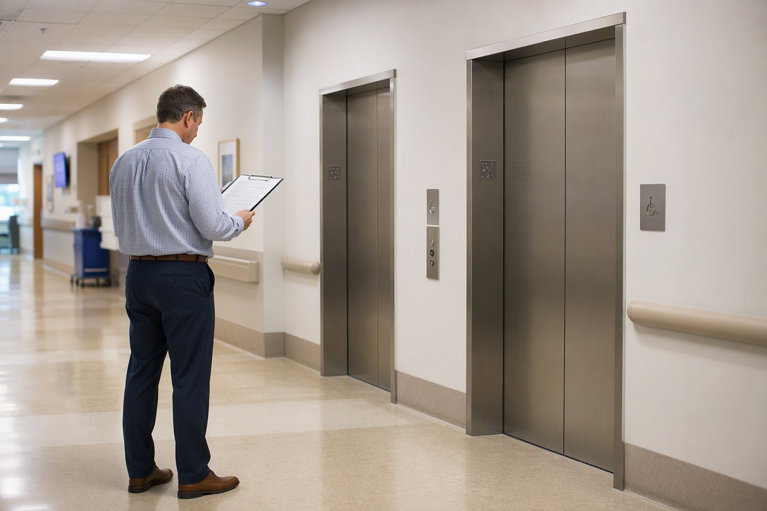 Healthcare Elevator Maintenance Contract Review Hospital facility manager reviewing elevator maintenance contract pricing documents beside stainless-steel elevator doors in a Columbia SC healthcare facility