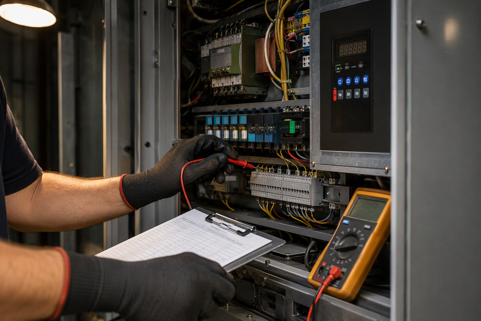 Hospital Elevator Controller Preventive Maintenance Elevator technician testing traction elevator controller in a hospital machine room during a preventive maintenance visit covered under a full-service contract