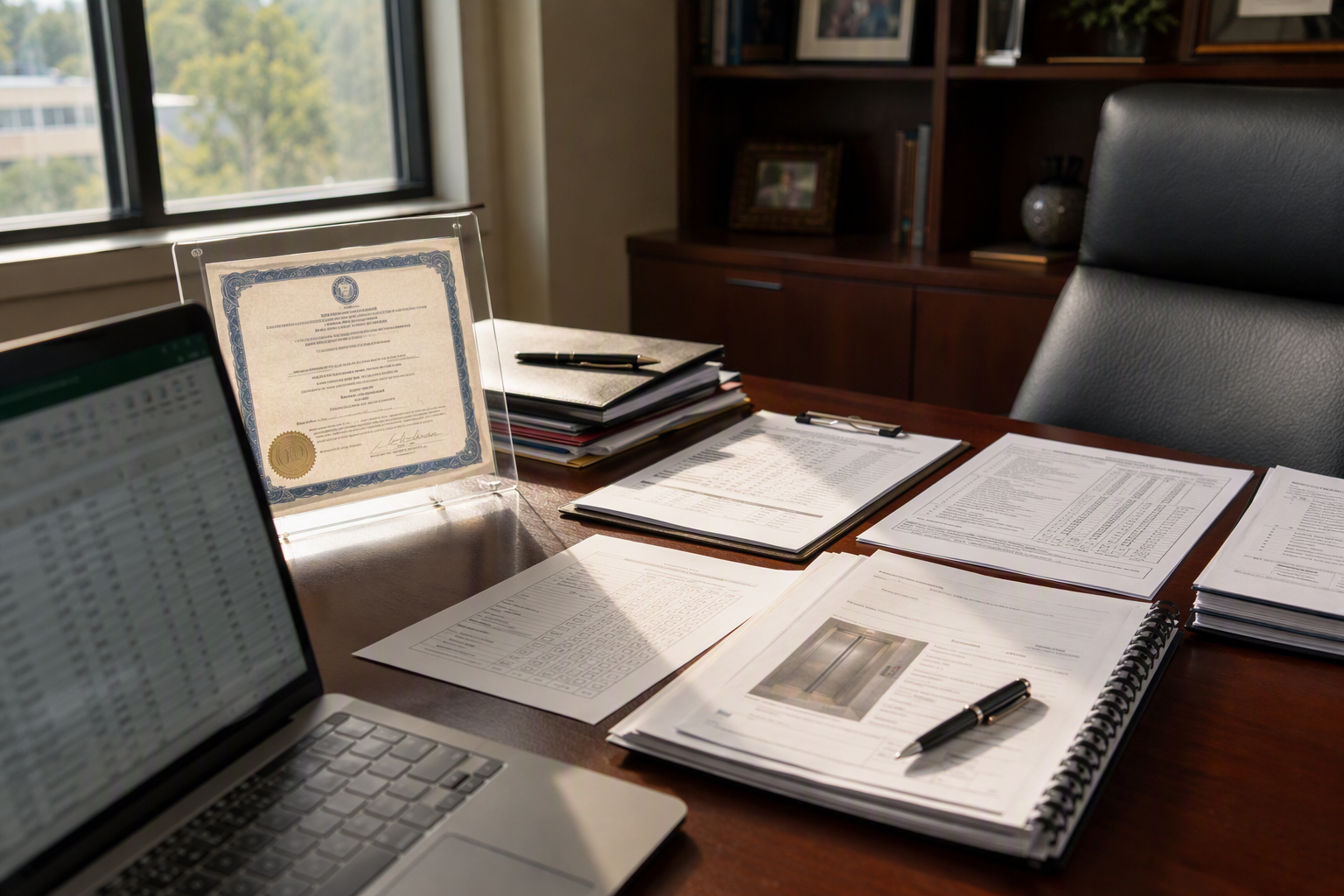 South Carolina Elevator Compliance Documentation Healthcare facility compliance documents including South Carolina elevator inspection certificate and ASME A17.1 maintenance checklists spread on a facility manager's desk