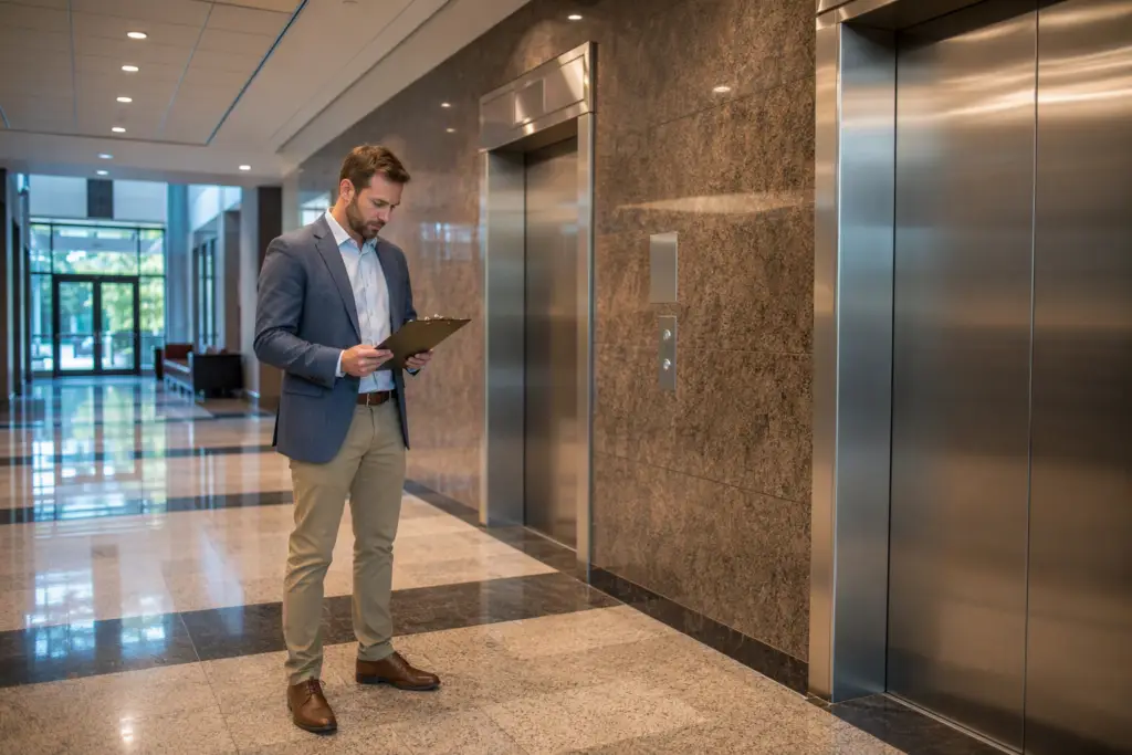 Property manager reviewing elevator maintenance documents in a Columbia SC commercial office building lobby, illustrating elevator maintenance ROI planning.