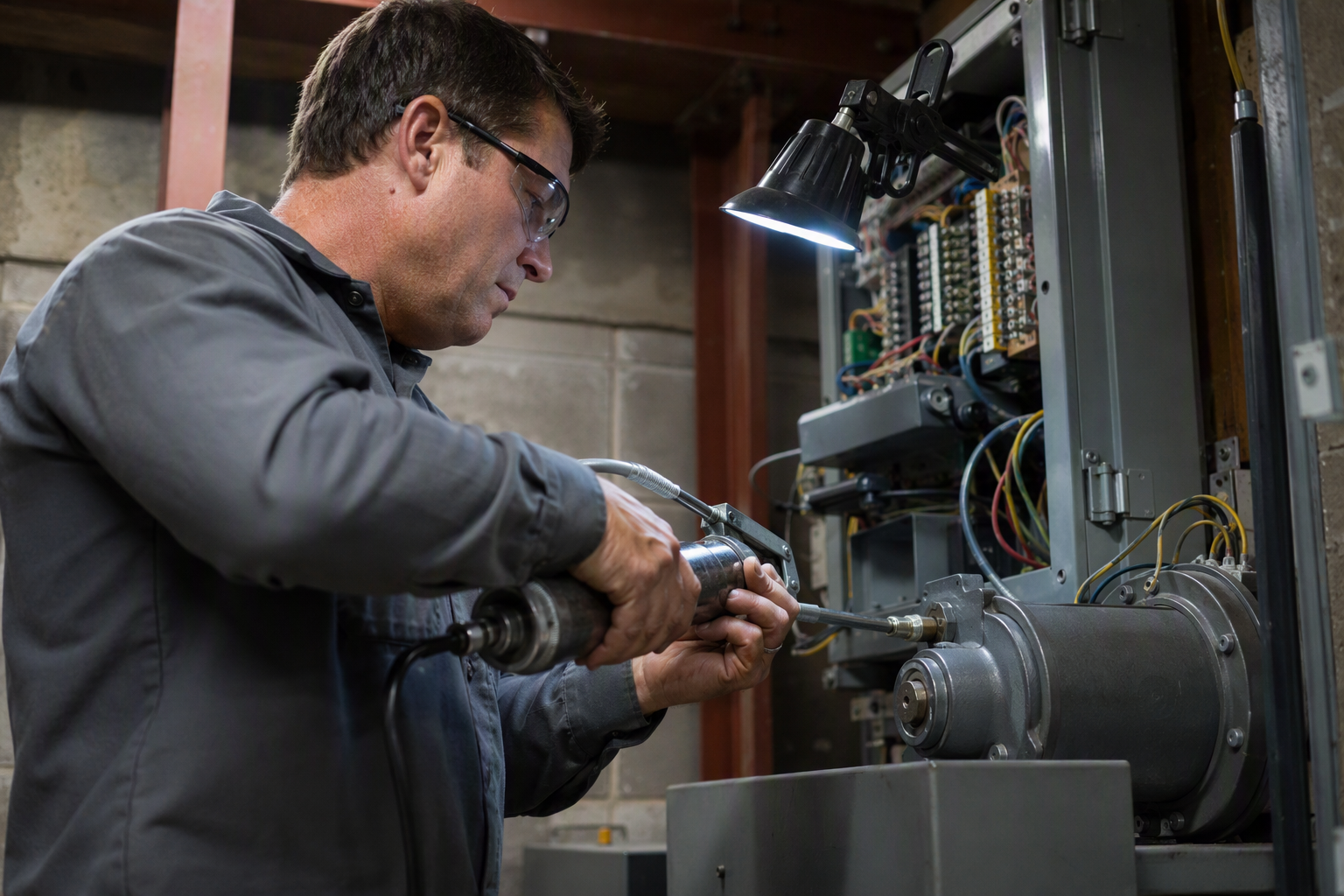 Elevator technician lubricating a traction machine controller in a Columbia SC building machine room during a scheduled elevator maintenance visit.