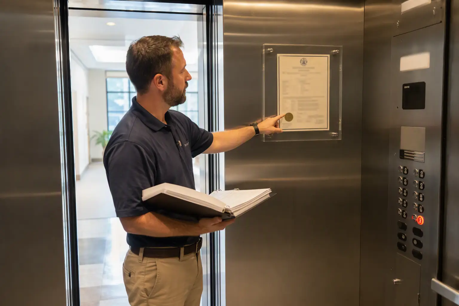 State-licensed elevator inspector reviewing a South Carolina LLR certificate of operation inside an elevator cab, demonstrating code compliance for Columbia SC properties.