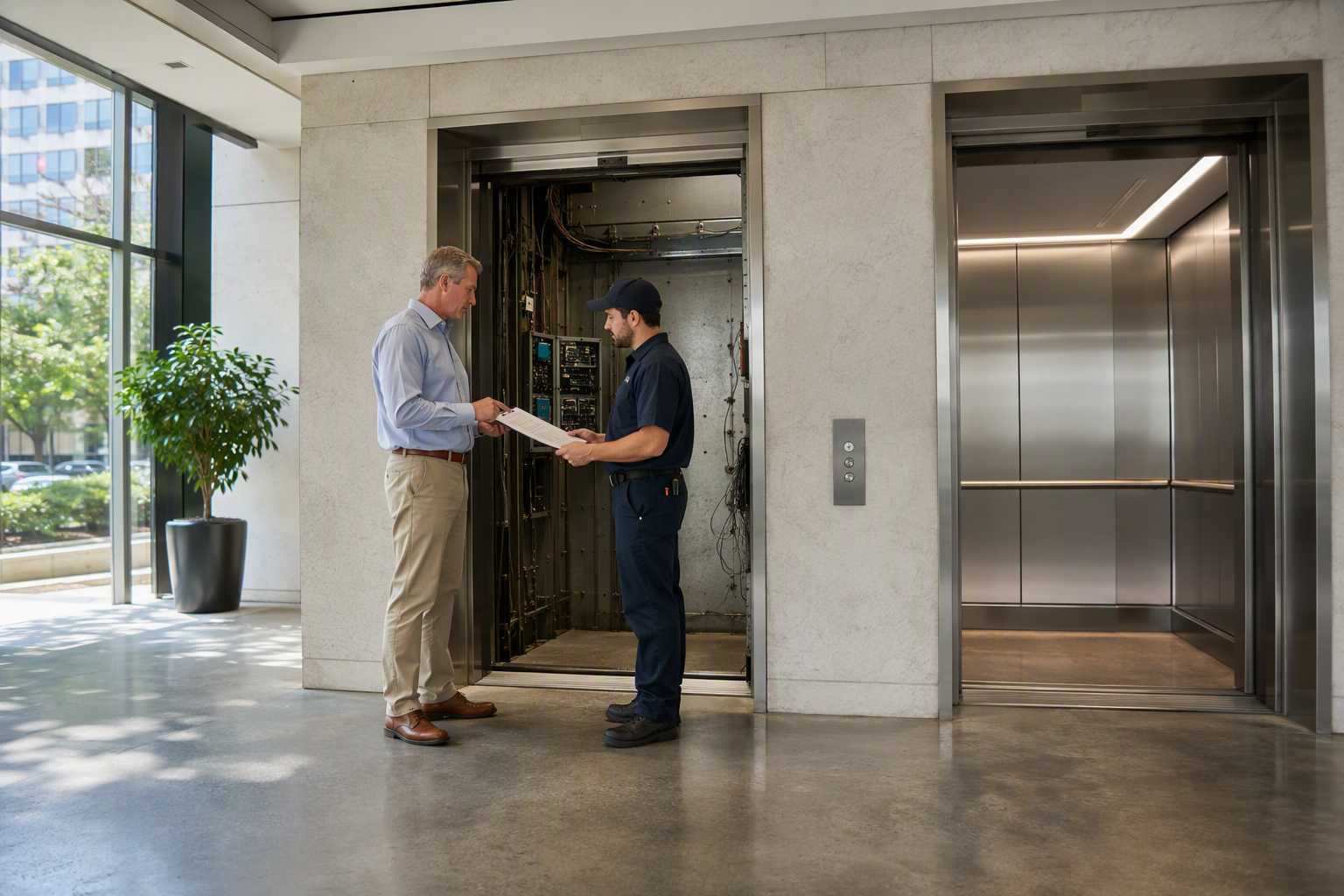 Elevator modernization cost breakdown comparison in a Columbia SC commercial building lobby showing one stripped cab mid-renovation alongside a fully modernized stainless-steel cab interior.