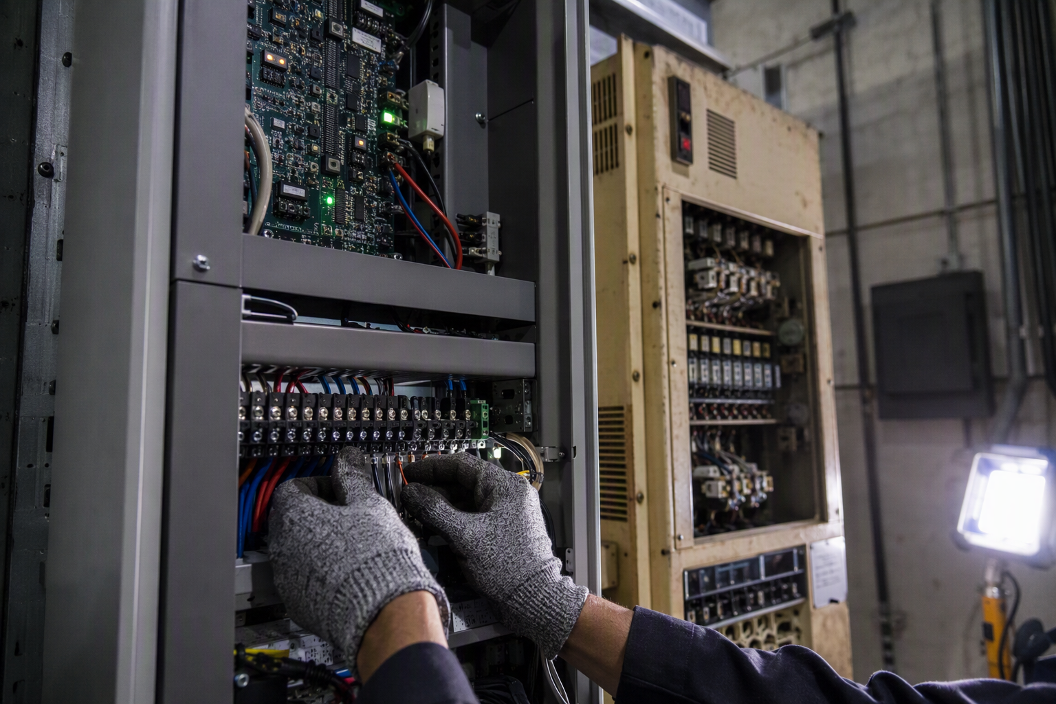 New VVVF AC drive controller installed beside an old relay-logic panel in an elevator machine room, illustrating a primary cost driver in elevator modernization projects.