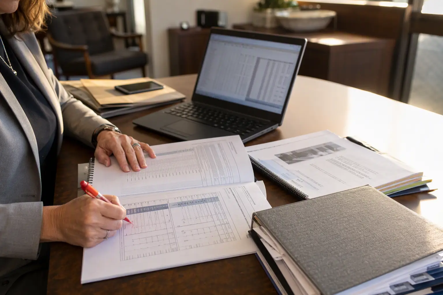 Building manager reviewing an elevator modernization cost breakdown proposal with inspection compliance documents at a Columbia SC property management office desk.