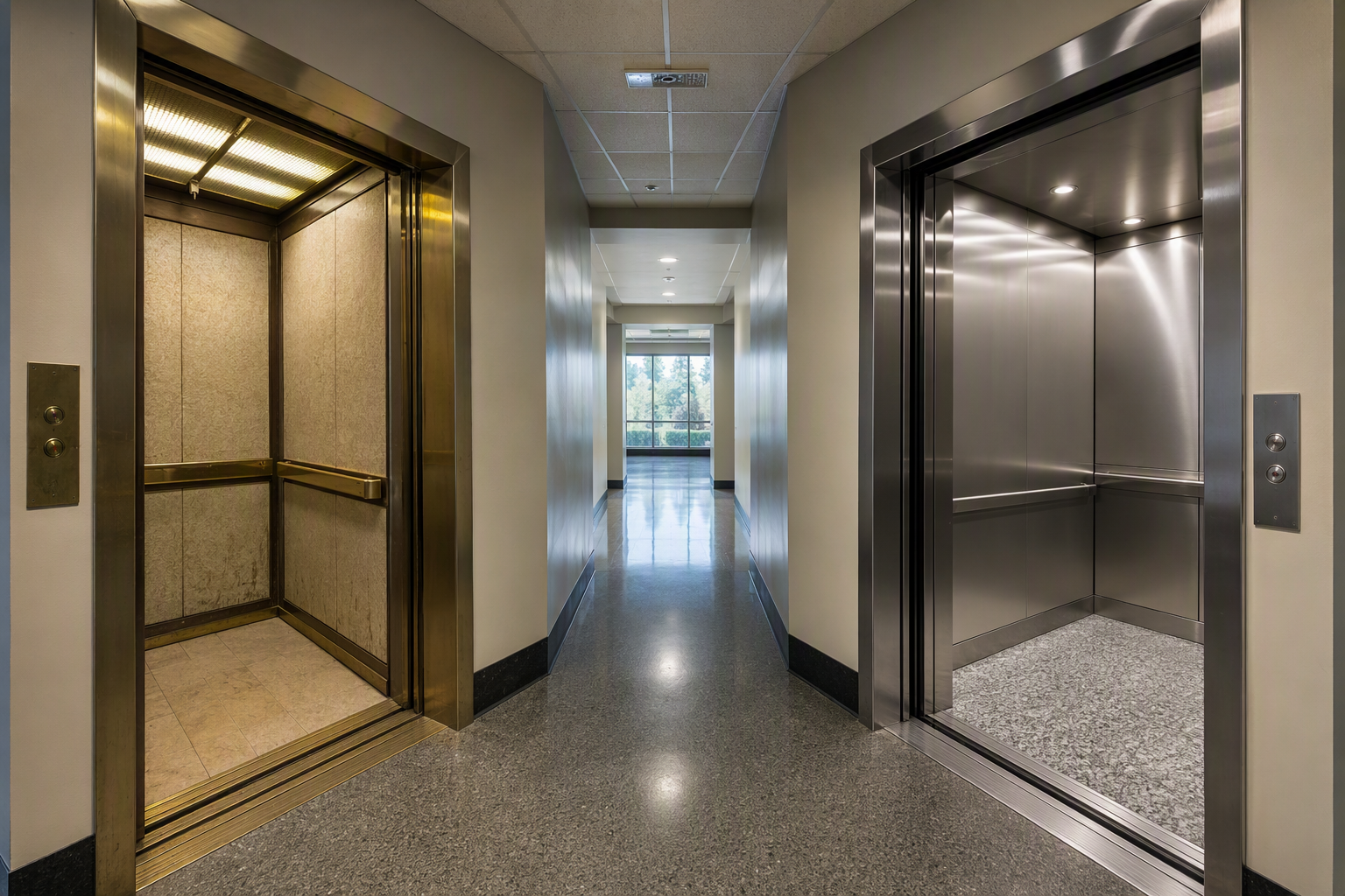 Side-by-side comparison of an outdated elevator cab and a modernized elevator cab in a Columbia SC office building, illustrating modernization vs full replacement options.
