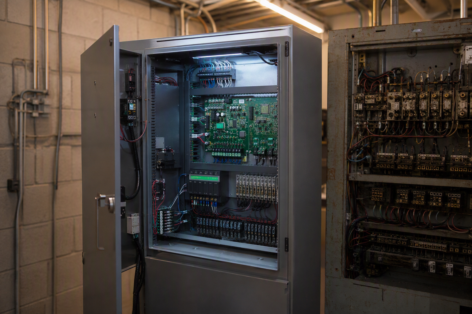 New microprocessor elevator controller installed beside an older relay-logic panel during a modernization project, showing the core upgrade that improves reliability and code compliance.