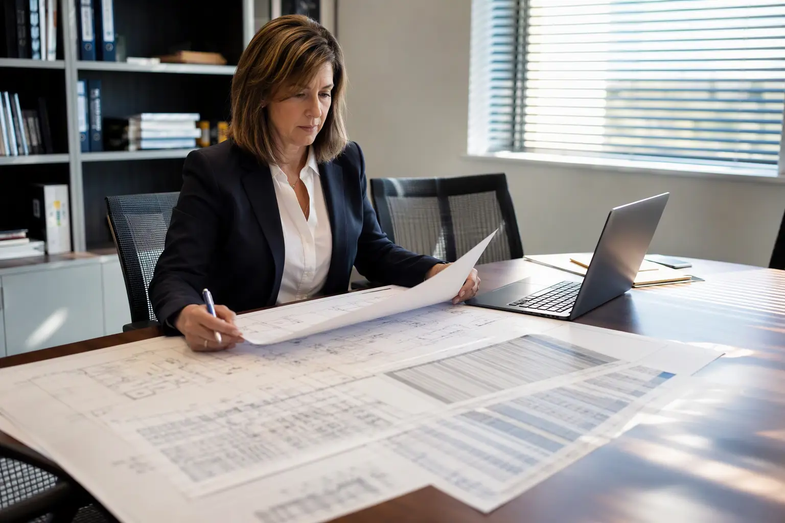A building facilities manager reviewing elevator modernization versus full replacement cost comparison documents and plans at a Columbia SC commercial property management office.