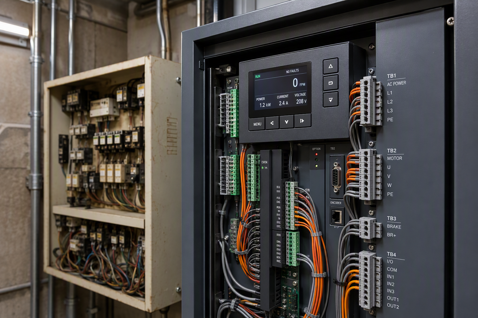 New solid-state elevator controller installed beside an aging relay-logic panel in a commercial machine room, a common modernization cost component for mid-life elevators.