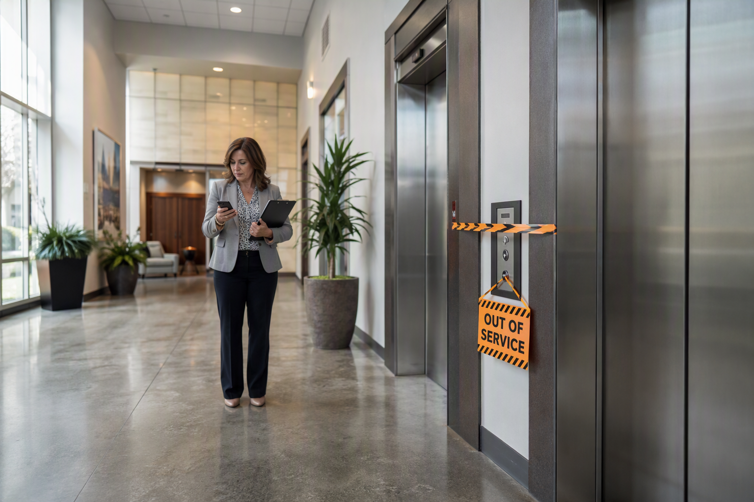 Property manager responding to an elevator out of service in a Columbia SC office building lobby, with caution tape and out-of-service signage posted on elevator doors