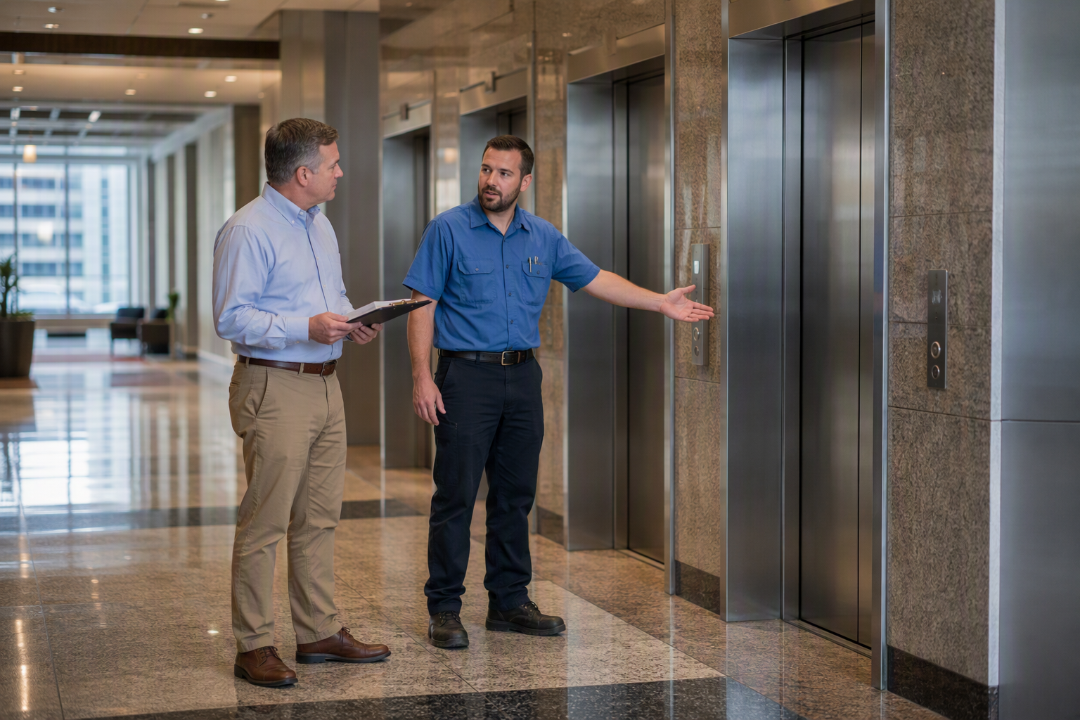 Independent elevator service company technician consulting with a building facilities manager in a Columbia SC commercial office lobby elevator bank, illustrating the OEM vs independent service choice