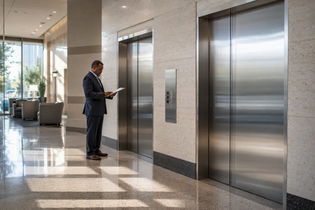Commercial elevator lobby in a Columbia SC office building with stainless-steel doors and a facilities manager reviewing a maintenance clipboard